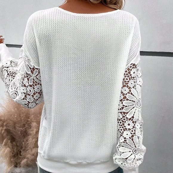 White Preppy Womens Guipure Lace Insert Drop Shoulder Sweatshirt - Picture 2 of 5